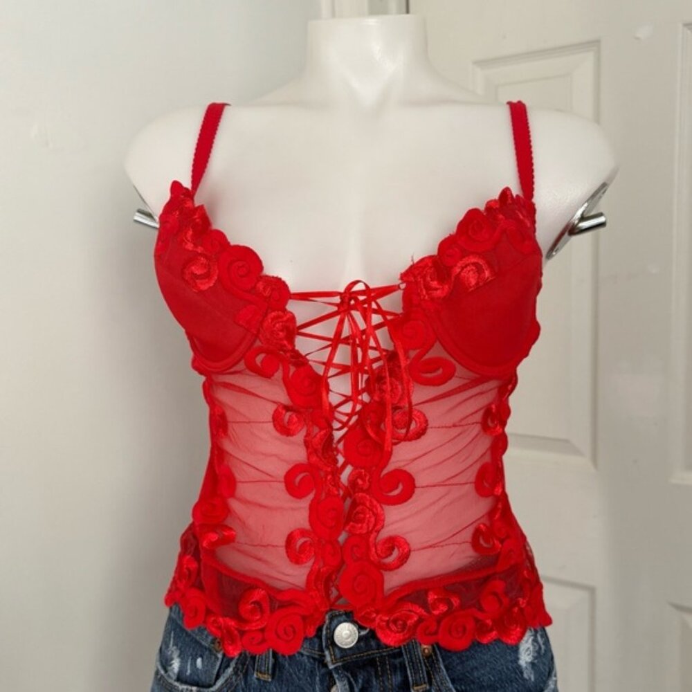 Lily  Red Lace-Up Sheer Top